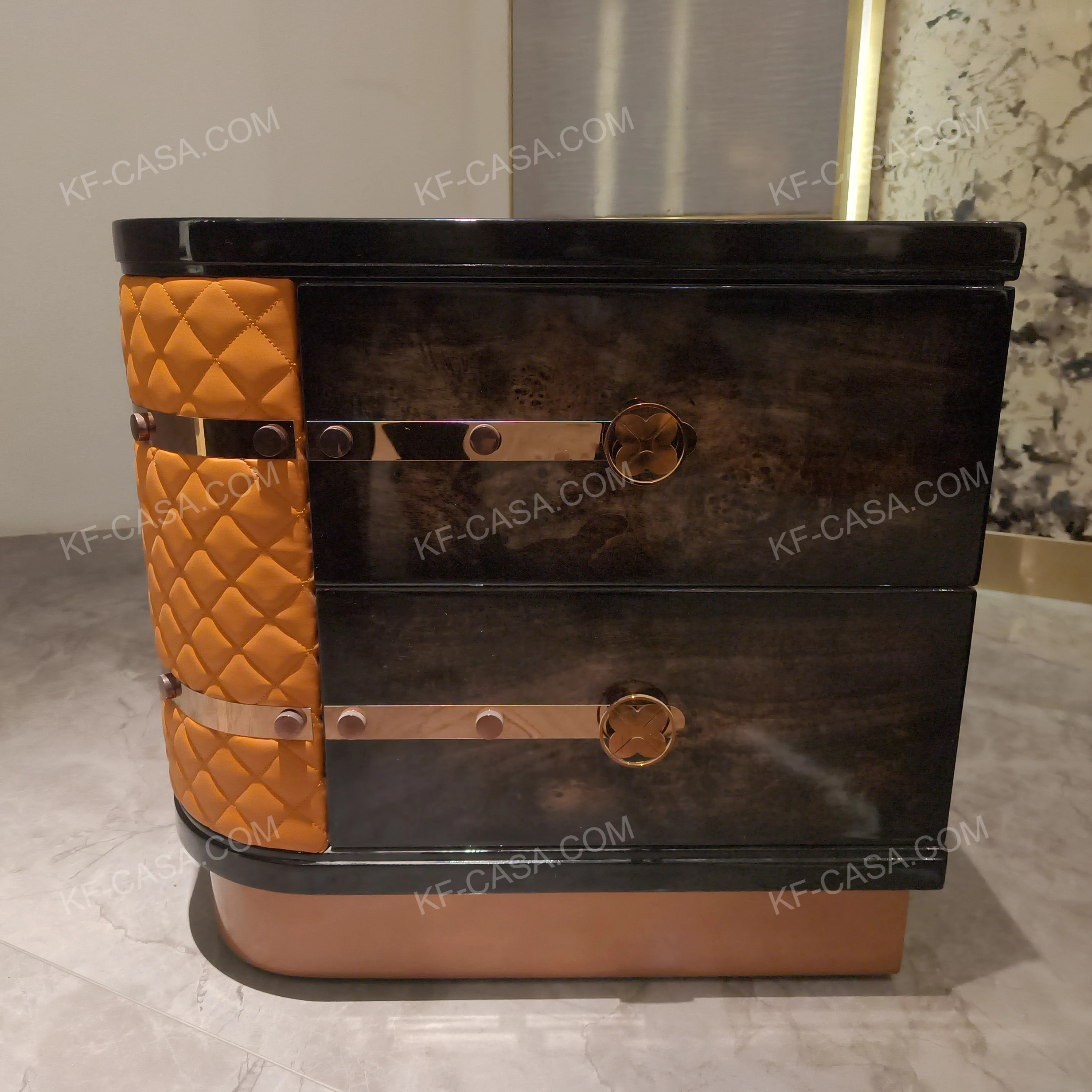 Trunk-Inspired Quilted Leather & Burl Wood sideTable with Rose Gold Hardware